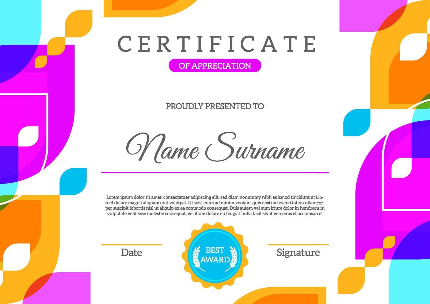 färgglad abstrakt certifikatmall vektor