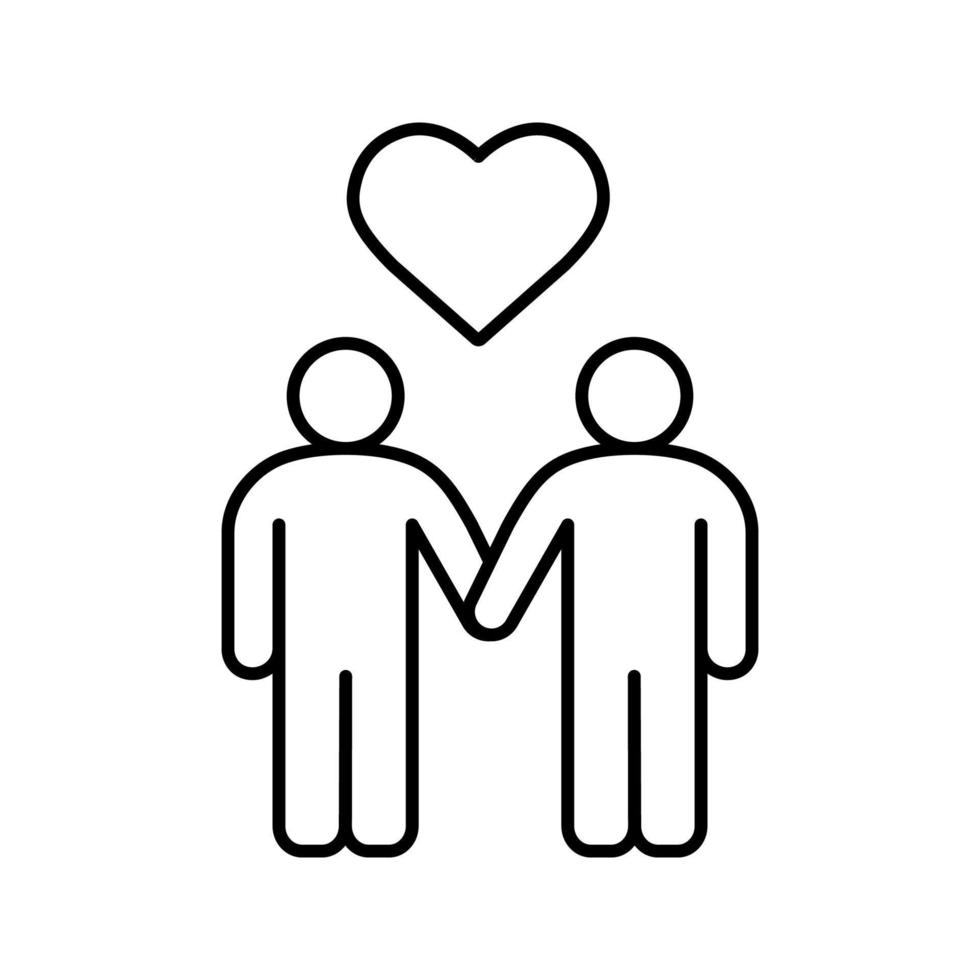 homosexuellt par linjär ikon. homosexuella tunn linje illustration. två män som håller händer med hjärtform ovanför. kontursymbol. vektor isolerade konturritning