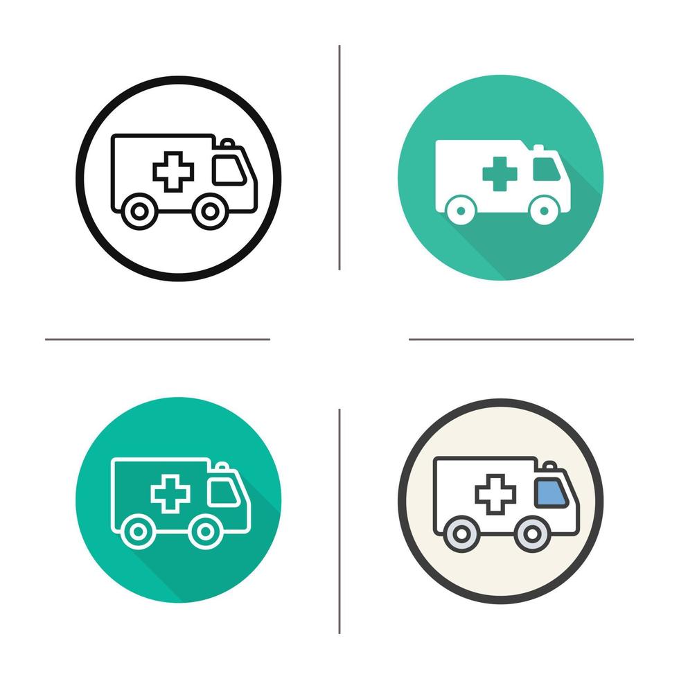 ambulans platt design, linjär och färg ikoner set. sjukhustrafik. utryckningsbil. symboler för kontur och långa skuggor. ambulans logotyp koncept. isolerade vektorillustrationer. infografiska element vektor