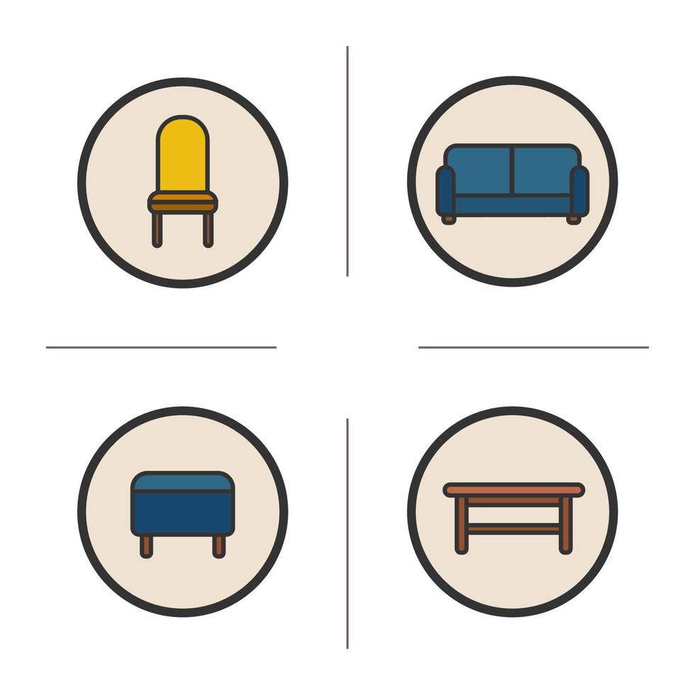sittmöbler färg ikoner set. moderna husinteriörartiklar. stoppad stol, pall, soffa och träbänk. vektor isolerade illustrationer