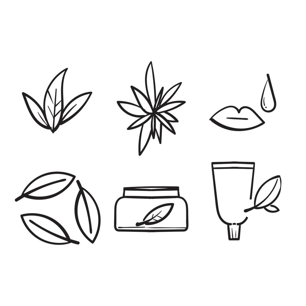 handritad naturliga och ekologiska kosmetika ikoner set. hudvård, ingen syntetisk doft. med doodle stil vektor