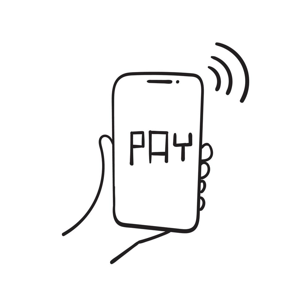 Hand gezeichnete Gekritzelzahlung mit dem Smartphoneikonenillustrationsvektor lokalisiert vektor