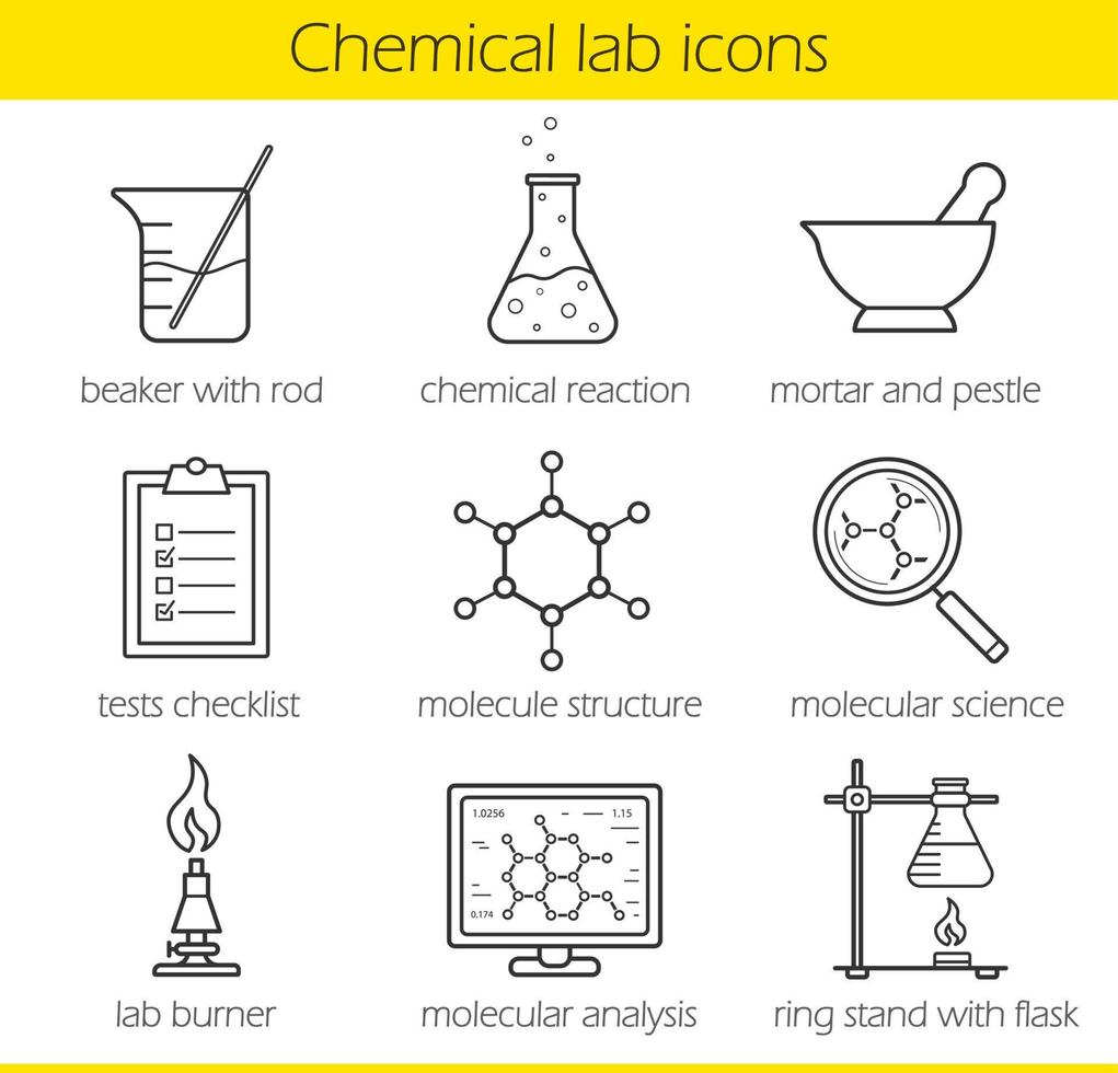 kemisk laboratorieutrustning linjära ikoner set. bägare med stav, kemisk reaktion och testchecklista. molekylstruktur och labbbrännare. kemi labbverktyg. tunn linje. isolerade vektorillustrationer vektor
