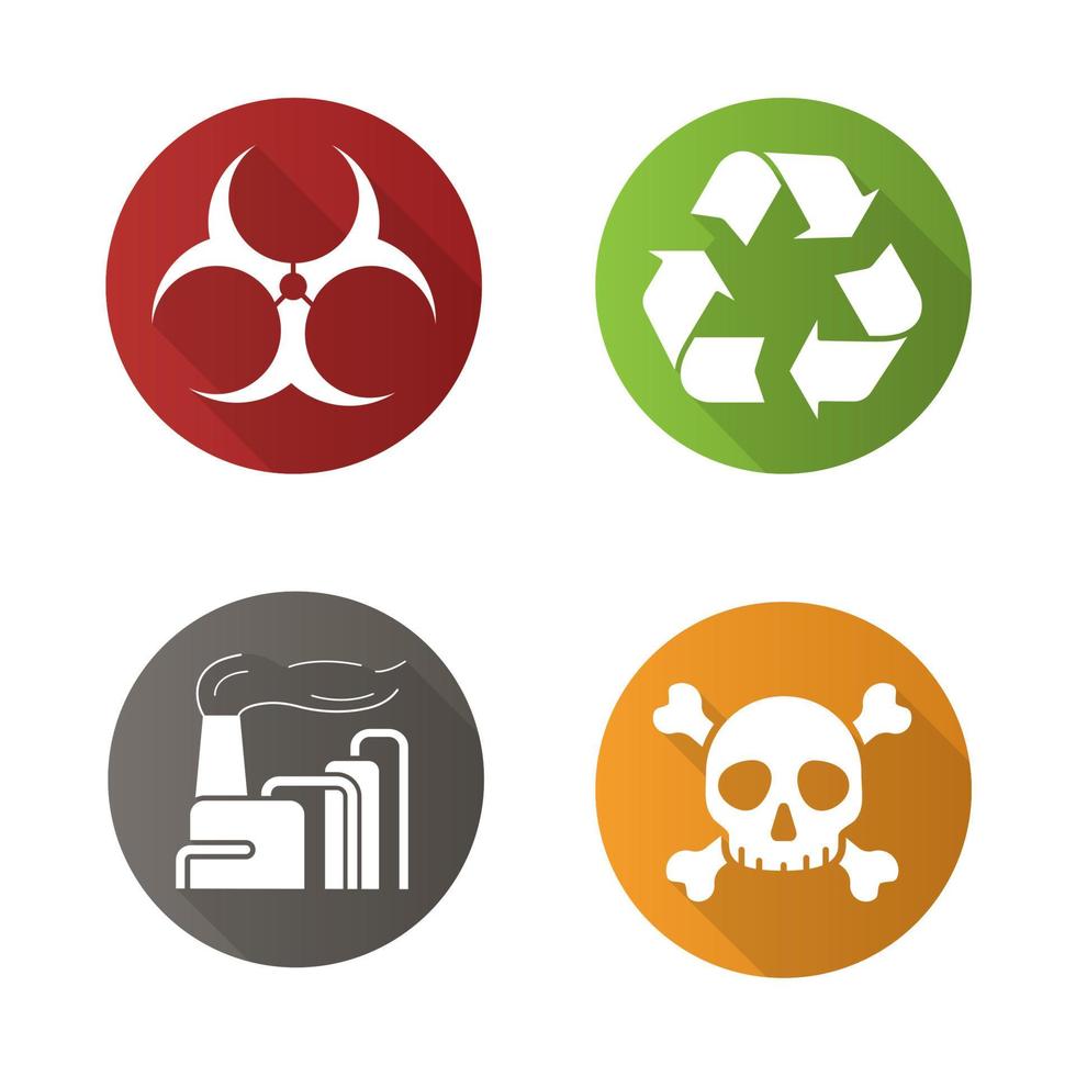 chemische Industrie flaches Design lange Schatten Icons Set. Biohazard- und Recyclingsymbole, industrielle Umweltverschmutzung und Schädel mit gekreuzten Knochensymbolen. Vektorsymbole vektor