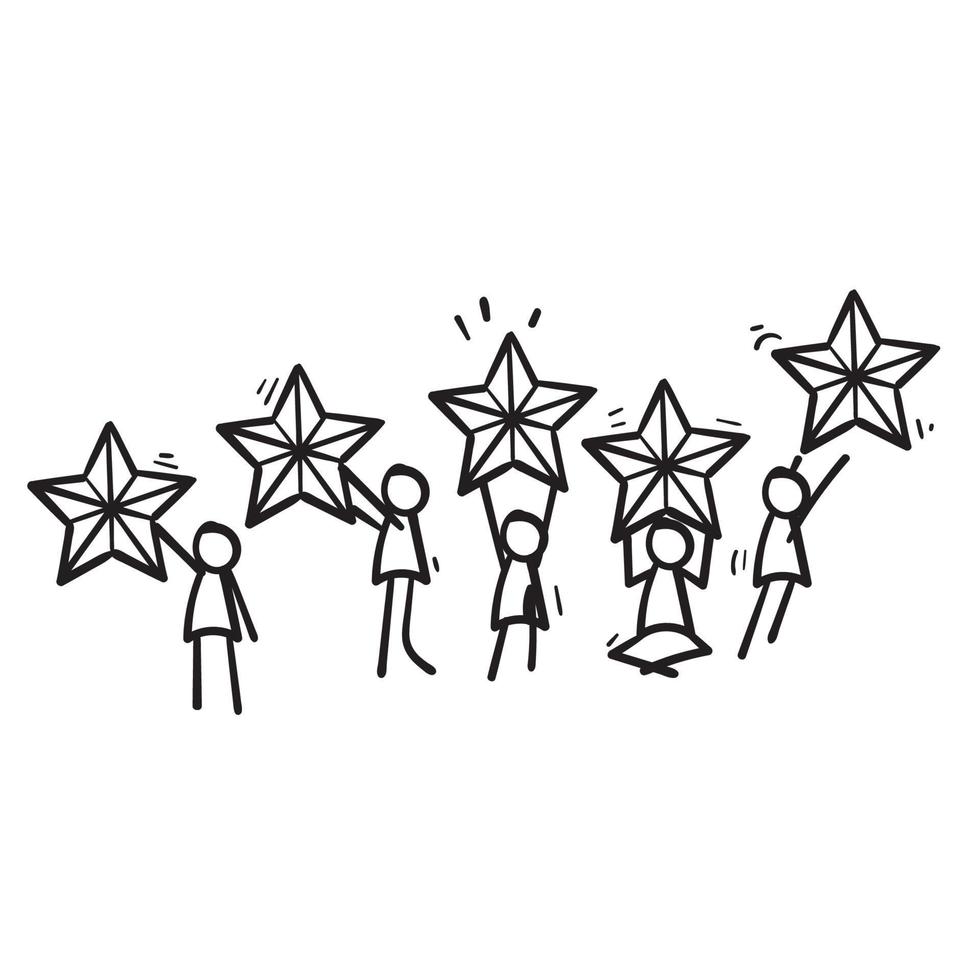 handgezeichnetes Benutzererfahrungs-Feedback-Symbol, Strichmännchen mit Sternsymbol für Kunden, die das Produkt bewerten, Verbraucherproduktbewertung. Gekritzel-Stil vektor