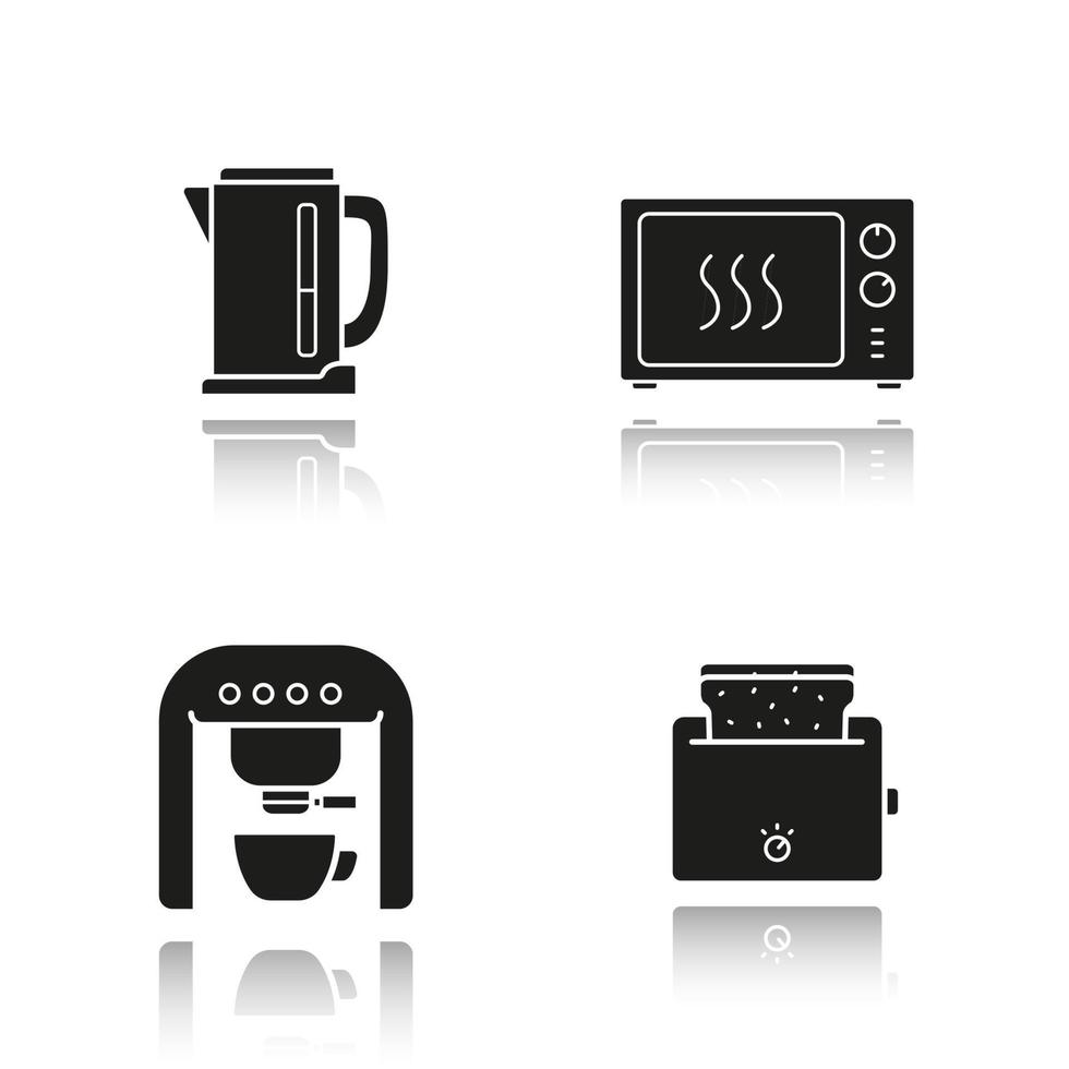 Küchengeräte Schlagschatten schwarze Symbole gesetzt. Wasserkocher, Mikrowelle, Kaffeemaschine und Toaster. isolierte vektorillustrationen vektor