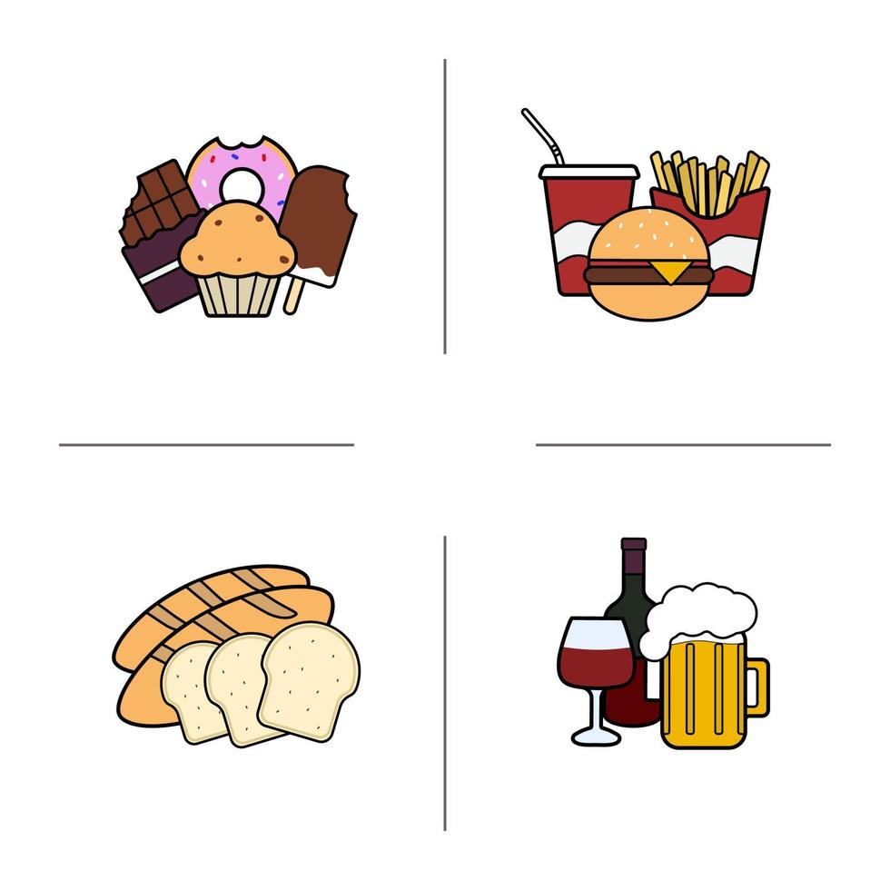 mat färg ikoner set. konfektyr, snabbmat, bageri och alkohol. vektor isolerade illustrationer
