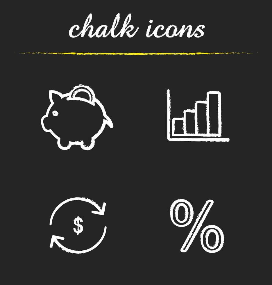 bank ikoner set. spargris med mynt, tillväxtdiagram, valutaväxling och procent illustrationer. finans isolerade vektor svarta tavlan ritningar