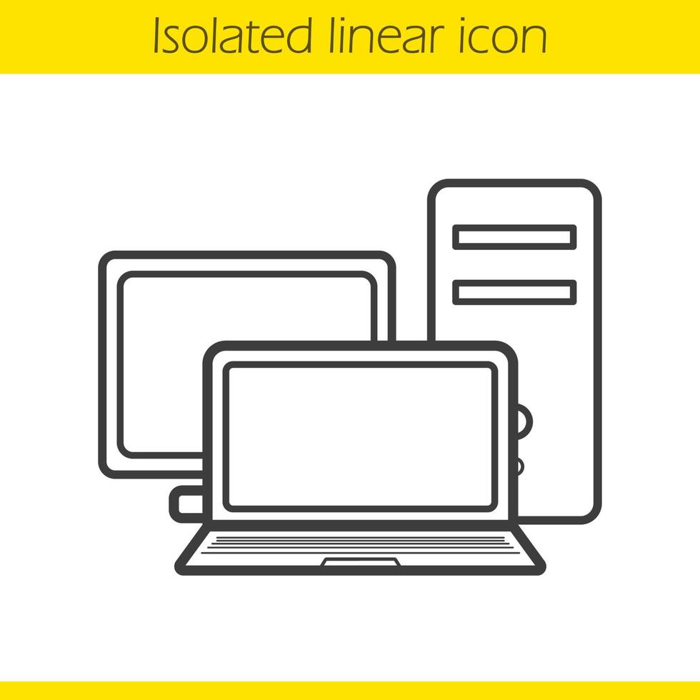 datorer linjär ikon. pc-skärm, systemenhet och laptop. modern digital elektronik tunn linje illustration. datorer kontur symbol. vektor isolerade konturritning