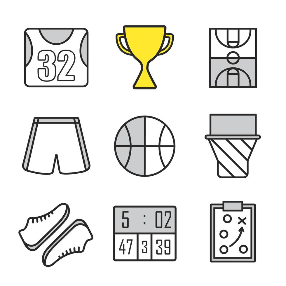 basket linjära ikoner set. basketuniform, boll, resultattavla, plan, båge och sneakers. vinnarcup och spelplan för urklipp. tunn linje. isolerade vektorillustrationer vektor