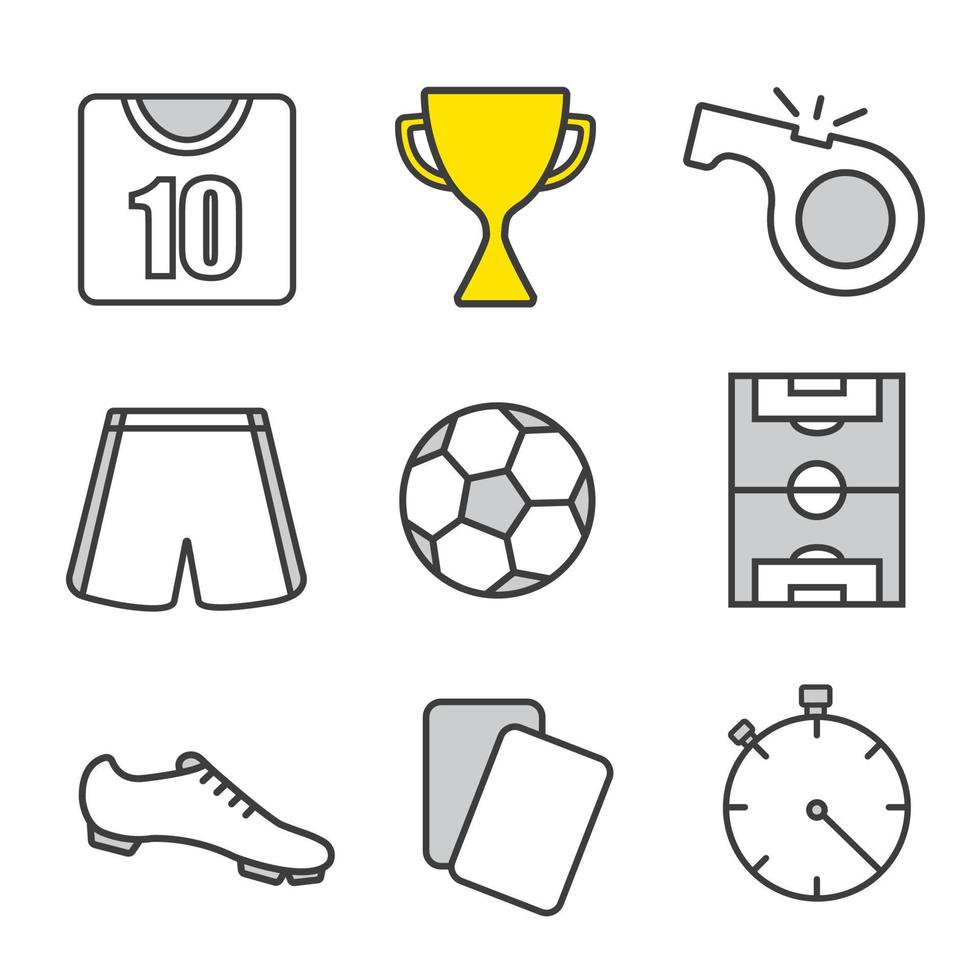 fotboll linjära ikoner set. fotbollsspelare kit, vinnarcup, domarsignal och kort, boll, plan, stoppur. tunn linje. isolerade vektorillustrationer vektor