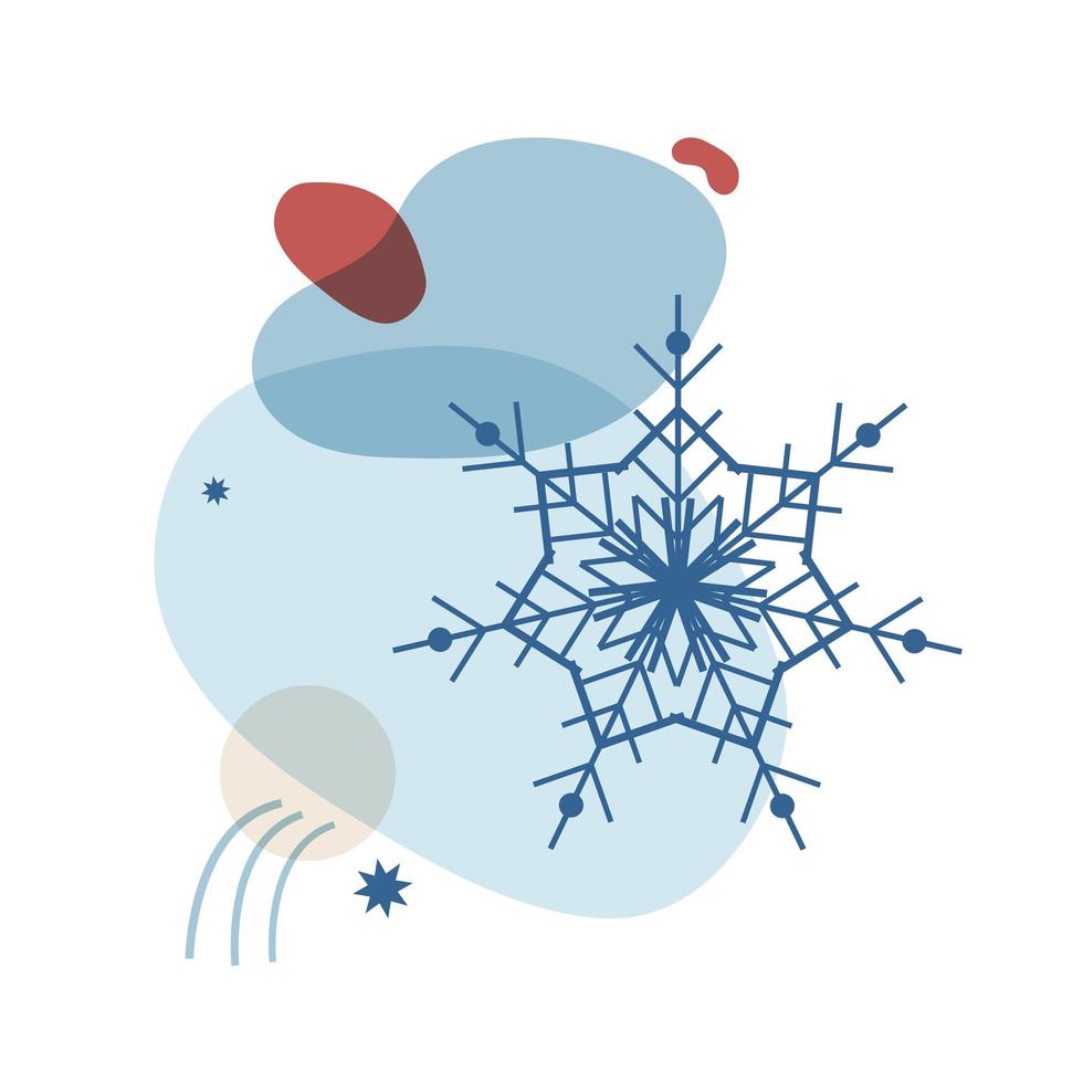 abstrakte Winterillustration von Formen und Schneeflocken in Blau mit einem Rot. Dekor für Karten, Poster, Einladungen, Banner, soziale Netzwerke zu Weihnachten und Neujahr. Vektor isoliert auf weiß