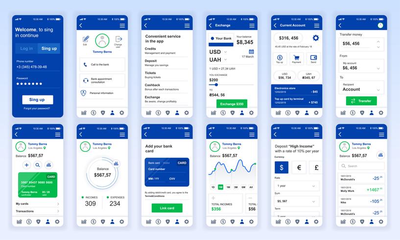 Set UI, UX, GUI skärmar Bank app app platt mall för mobila appar, lyhörda webbplats wireframes. Webdesign UI-kit. Bankdashboard. vektor