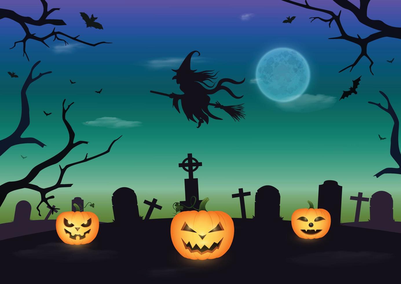 Halloween, Vollmond, Hexe, Friedhof, Gräber, Kürbis und Fledermäuse vektor