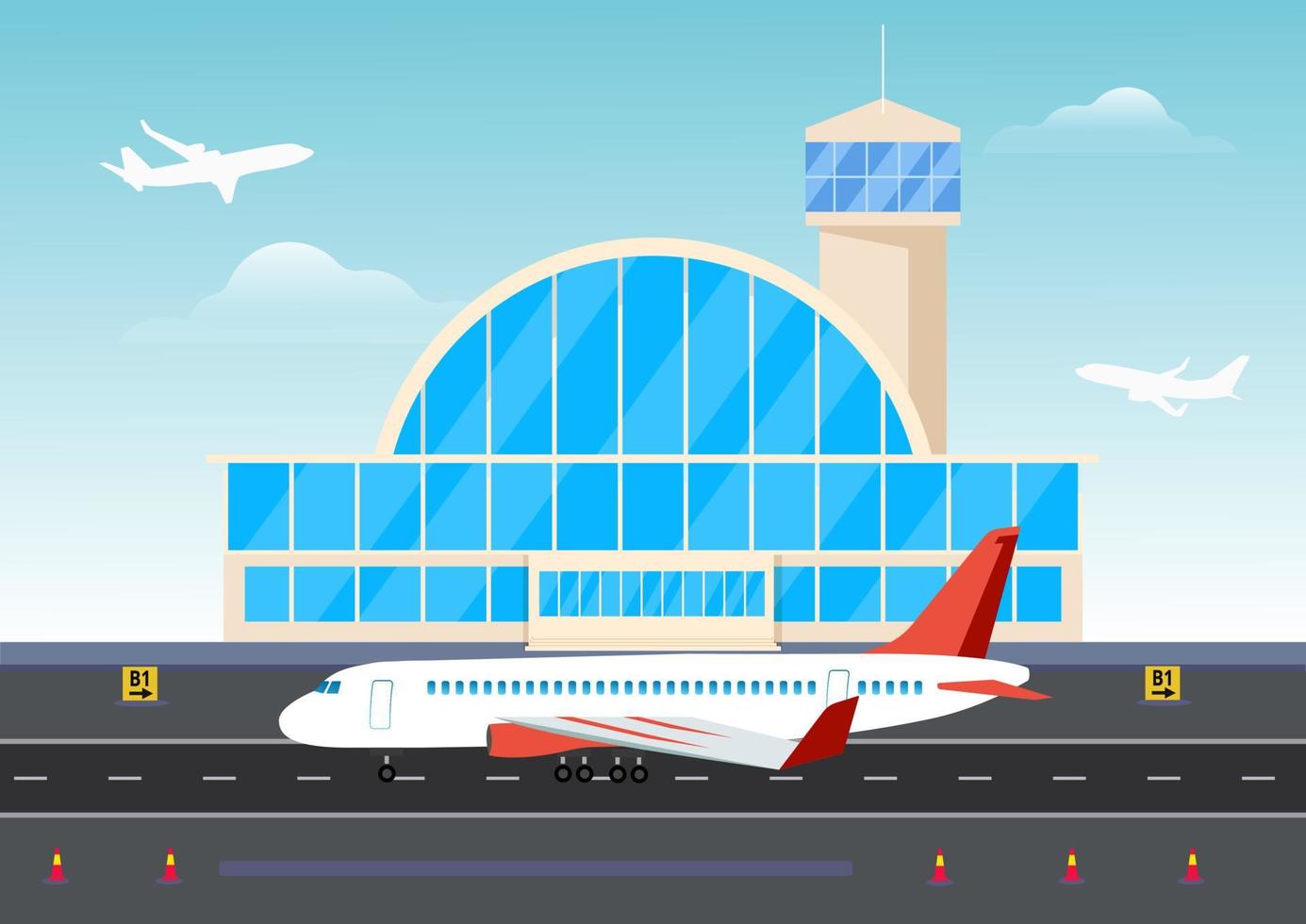 flygplatsbyggnader och flygplan på landningsbanan. flygplansplanering i flygplatsbyggnad av flygplatsens landningsbanas skylineillustration vektor