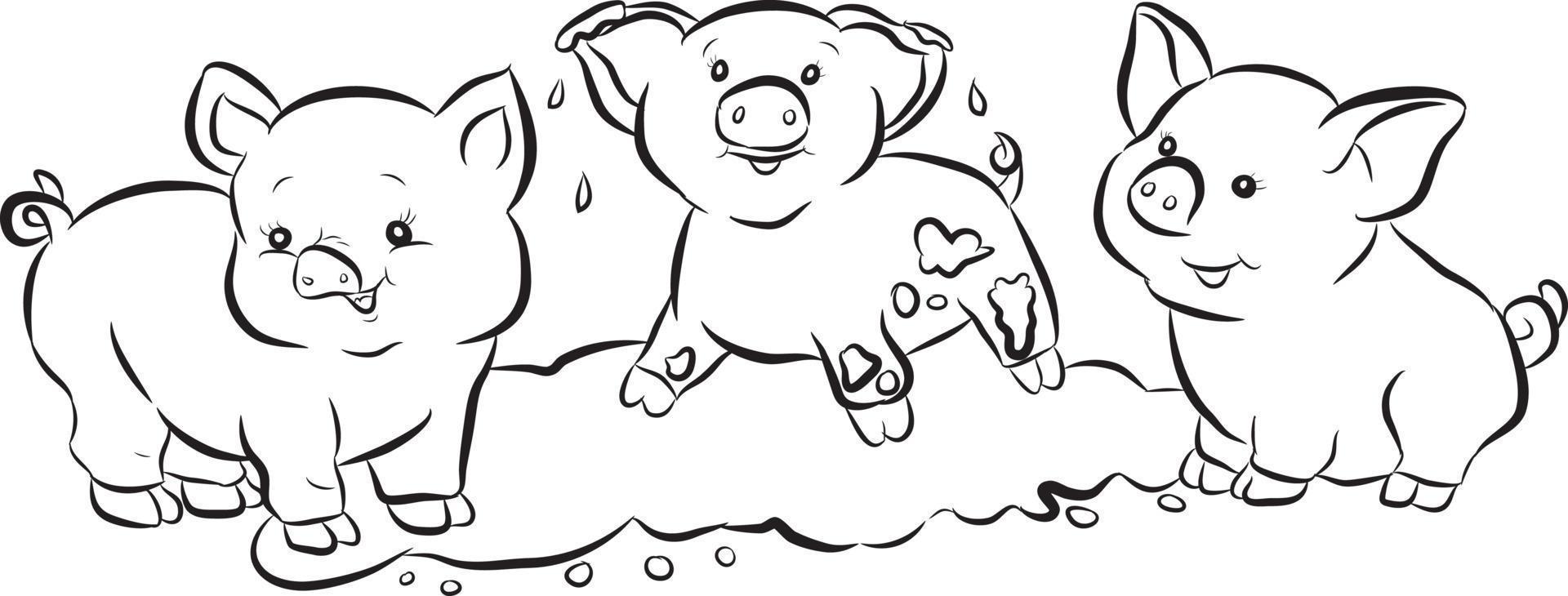 svart och vit tecknad tre grisar vektor