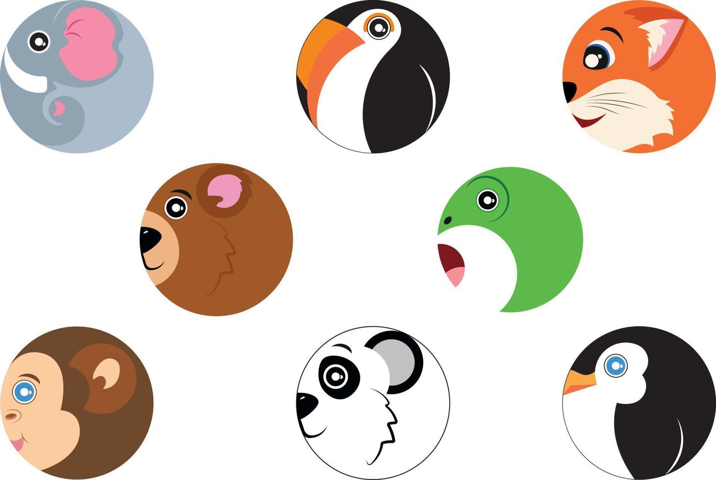 uppsättning av runda ikondjur i platt läge. apa, groda, räv, elefant, pingvin, björn vektor