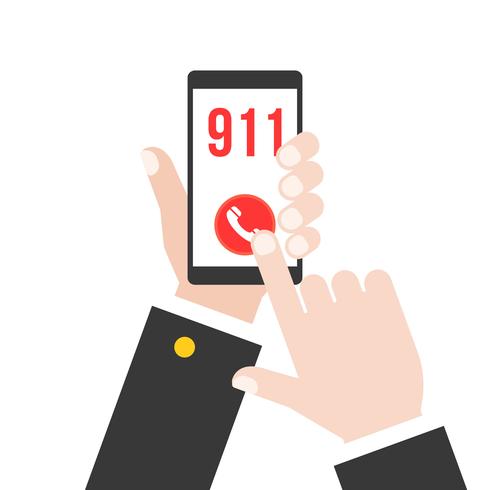 Business hand som håller smart telefon ringer polisen 911 från ansökan, platt design vektor