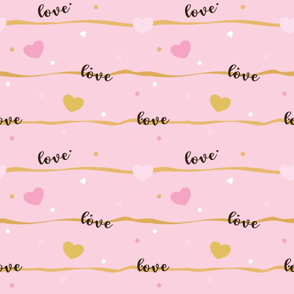 Vektor - abstraktes nahtloses Muster des Herzens, Wortlaut Liebe, Linie und Punkt auf rosa Hintergrund. rosa und goldene Farbe. kann für Druck, Papier, Verpackung, Hintergrund, Stoff verwendet werden. Valentinstag.