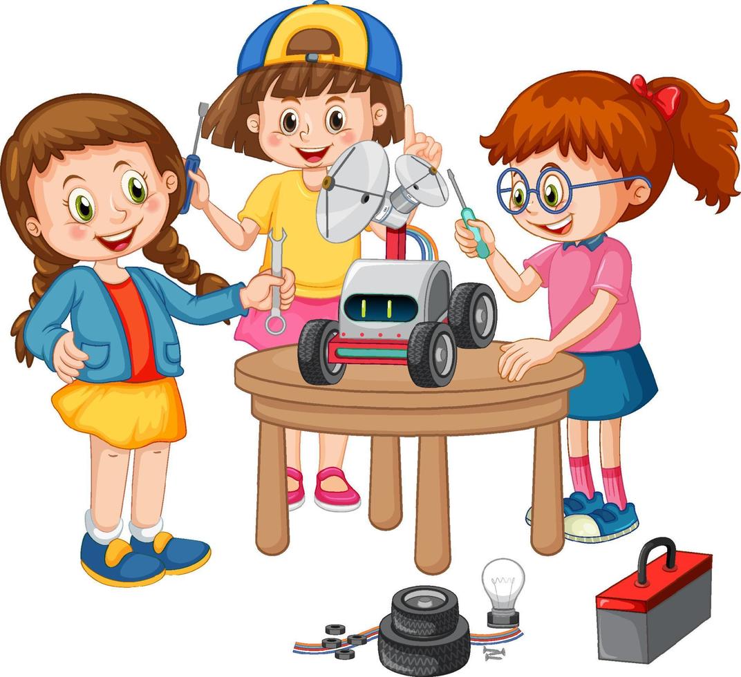 Kinder reparieren Spielzeugauto zusammen auf weißem Hintergrund vektor