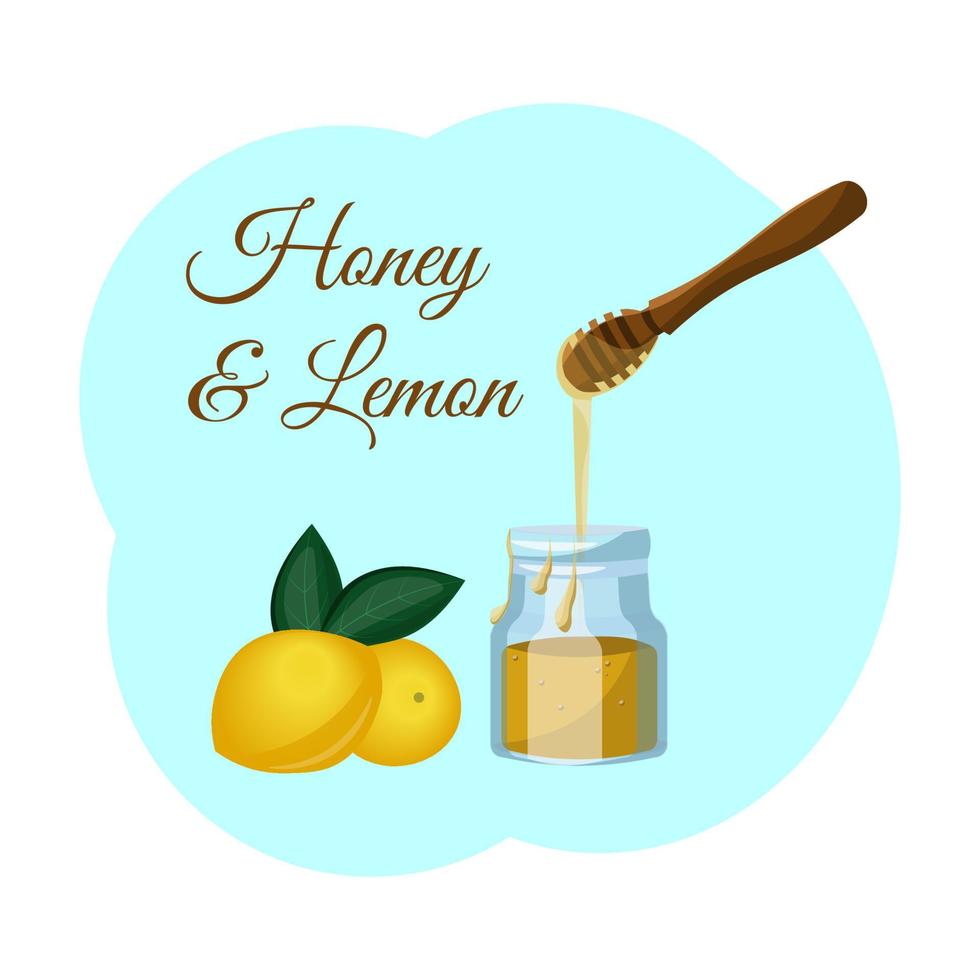 honung och citron. två gula citroner med gröna blad, en burk honung och honungsdopp på blå bakgrund. vektor illustration i platt tecknad stil