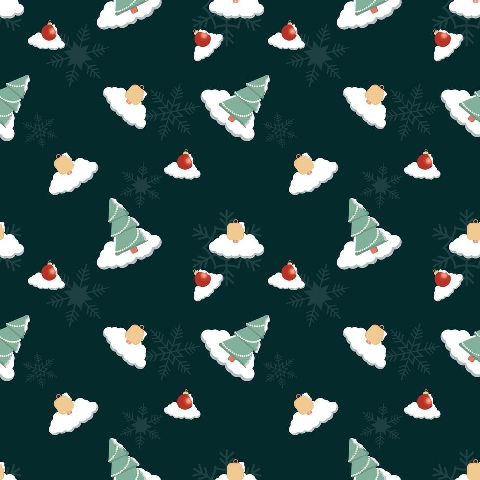 schneebedeckter Weihnachtsbaum, Glocke, dekorativer Ball, nahtloses Wiederholungsmuster der Schneeflocke für Verpackung, Textil, Geschenkabdeckung, Hintergrund für Weihnachtsdesignprojekt. vektor