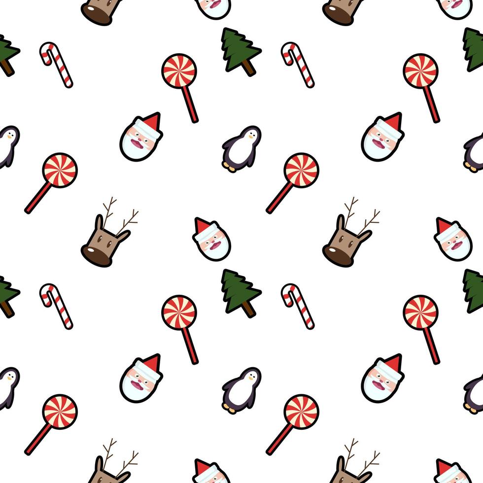 Lutscher, Weihnachtsmann-Kopf, Hirschkopf, Pinguin, Zuckerstange, Weihnachtsbaum nahtlose Hintergrundmuster. Perfekt für Winterurlaubsstoffe, Geschenkpapier, Sammelalben, Grußkarten-Designprojekte. vektor