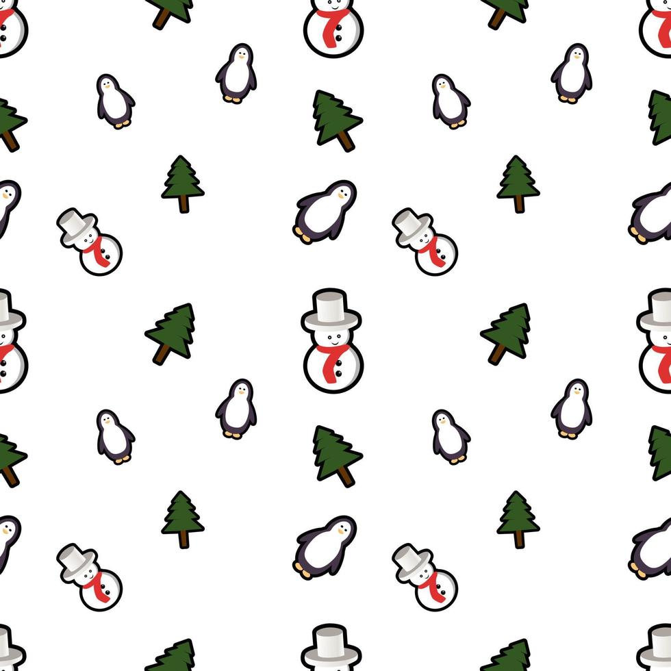 Schneemann, Pinguin, Weihnachtsbaum, nahtlose Hintergrundmuster. Perfekt für Winterurlaubsstoffe, Geschenkpapier, Sammelalben, Grußkarten-Designprojekte. vektor