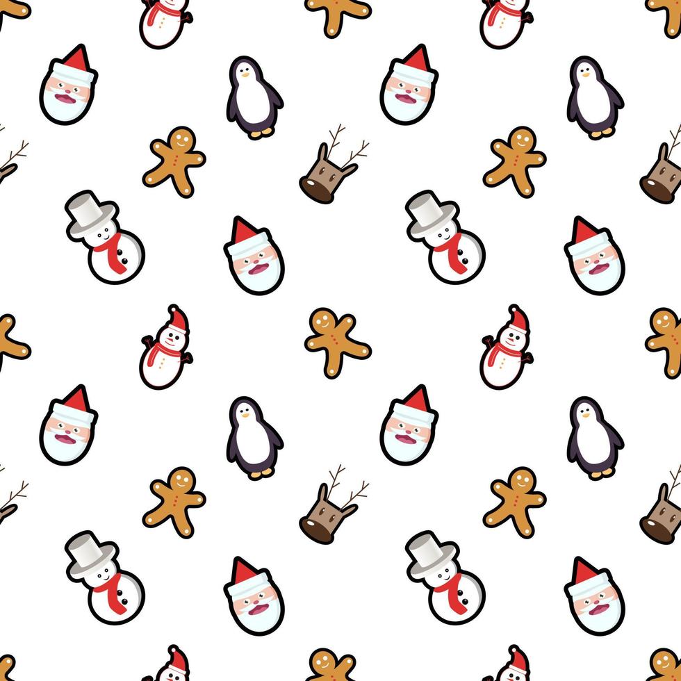 Pinguin, Weihnachtsmann mit Hut, Hirschkopf, Lebkuchenmann nahtlose Hintergrundmuster. Perfekt für Winterurlaubsstoffe, Geschenkpapier, Sammelalben, Grußkarten-Designprojekte. vektor
