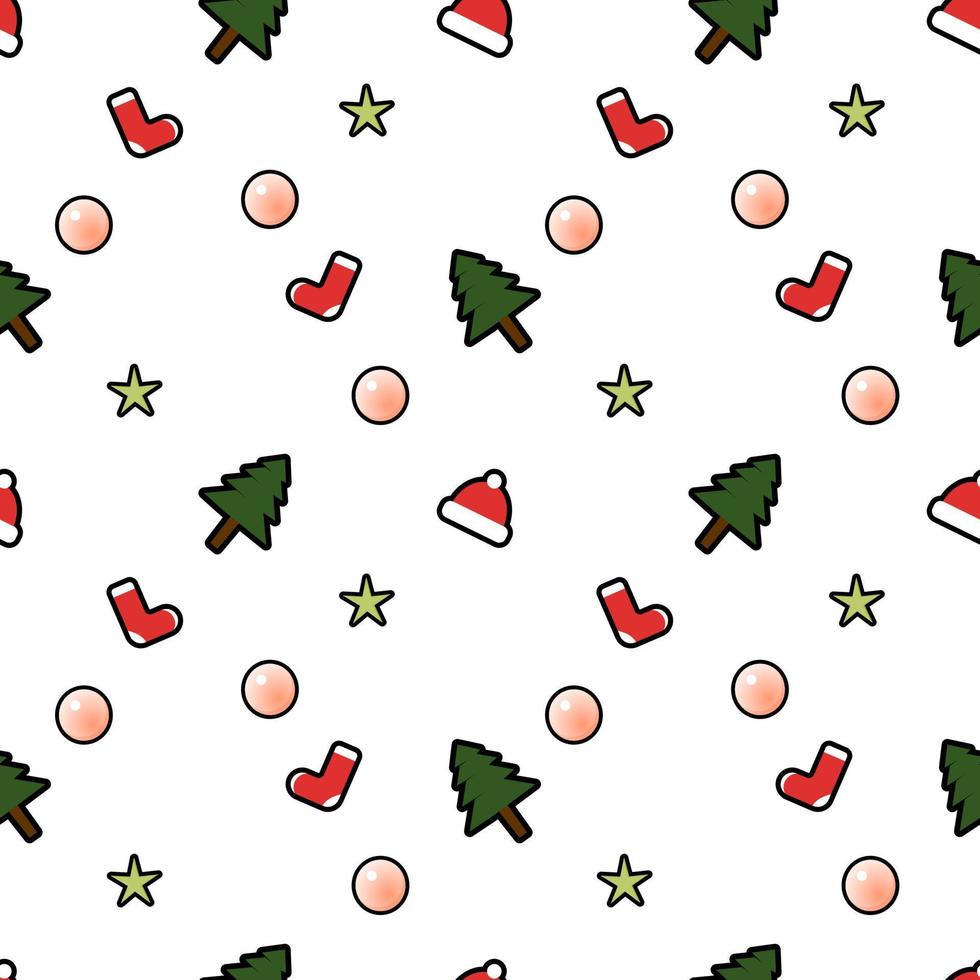 Weihnachtsbaum, dekorative Kugel, Sterne, Hut, Socken nahtlose Hintergrundmuster. Perfekt für Winterurlaubsstoffe, Geschenkpapier, Sammelalben, Grußkarten-Designprojekte. vektor