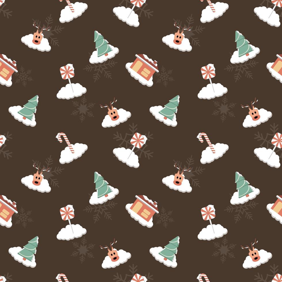 Schneebedeckte Zuckerstange, Lutscher, Süßigkeiten, Hirschkopf, Weihnachtsbaumhaus mit nahtlosem Wiederholungsmuster des Kamins für Verpackung, Textil, Geschenkhülle, Hintergrund für Weihnachtsdesignprojekt. vektor