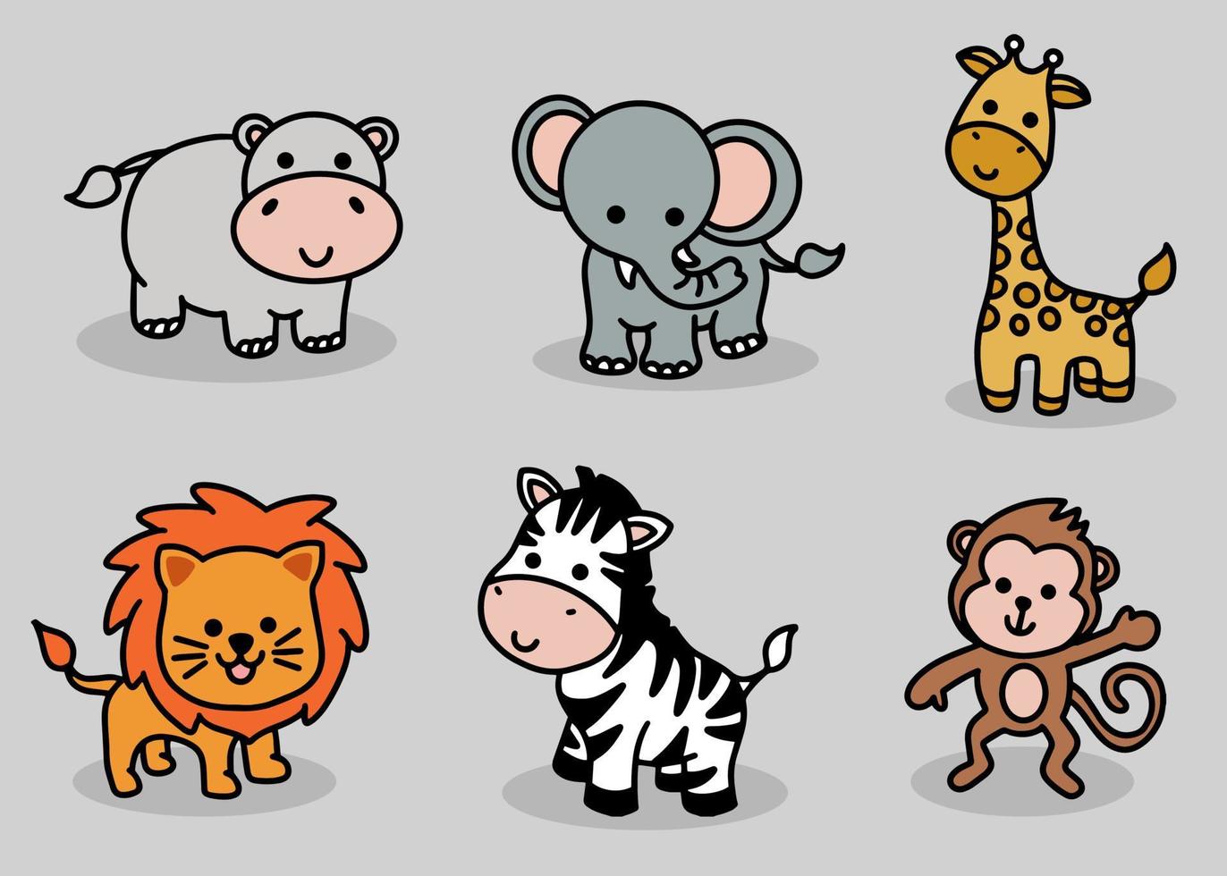söt djuruppsättning flodhäst, elefant, giraff, lejon, zebra, tecknad serie av apa vektor