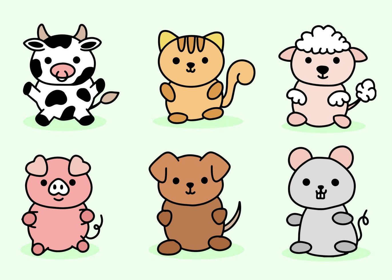süßes Tier Set Kuh, Schwein, Hund, Katze, Maus, Schaf Strichzeichnung Cartoon vektor