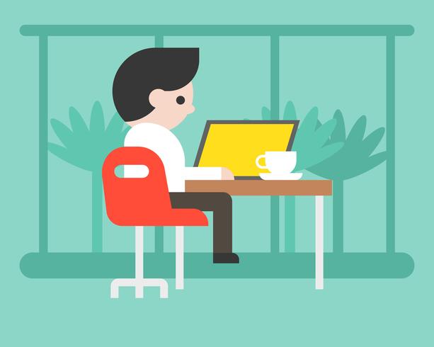 Affärsman som arbetar med laptop på kafé, arbetsytankoncept platt design vektor