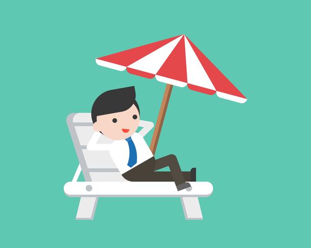 Geschäftsmann, der auf Strandstuhl mit Regenschirm sich entspannt vektor