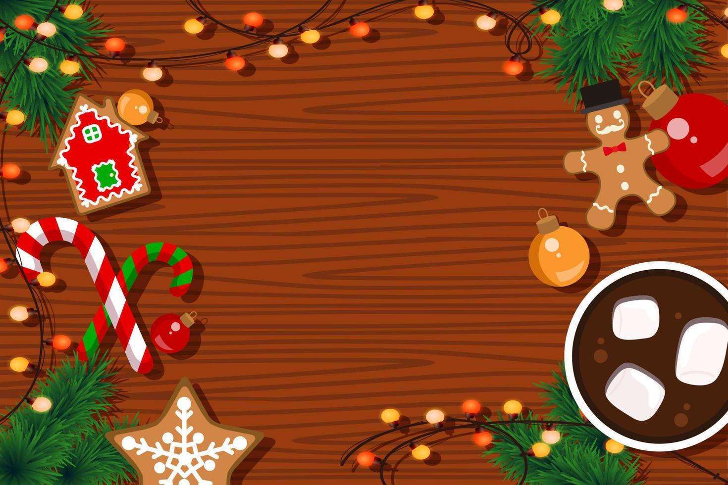 julmat bakgrund med pepparkakor, godisrör och varm choklad vektor