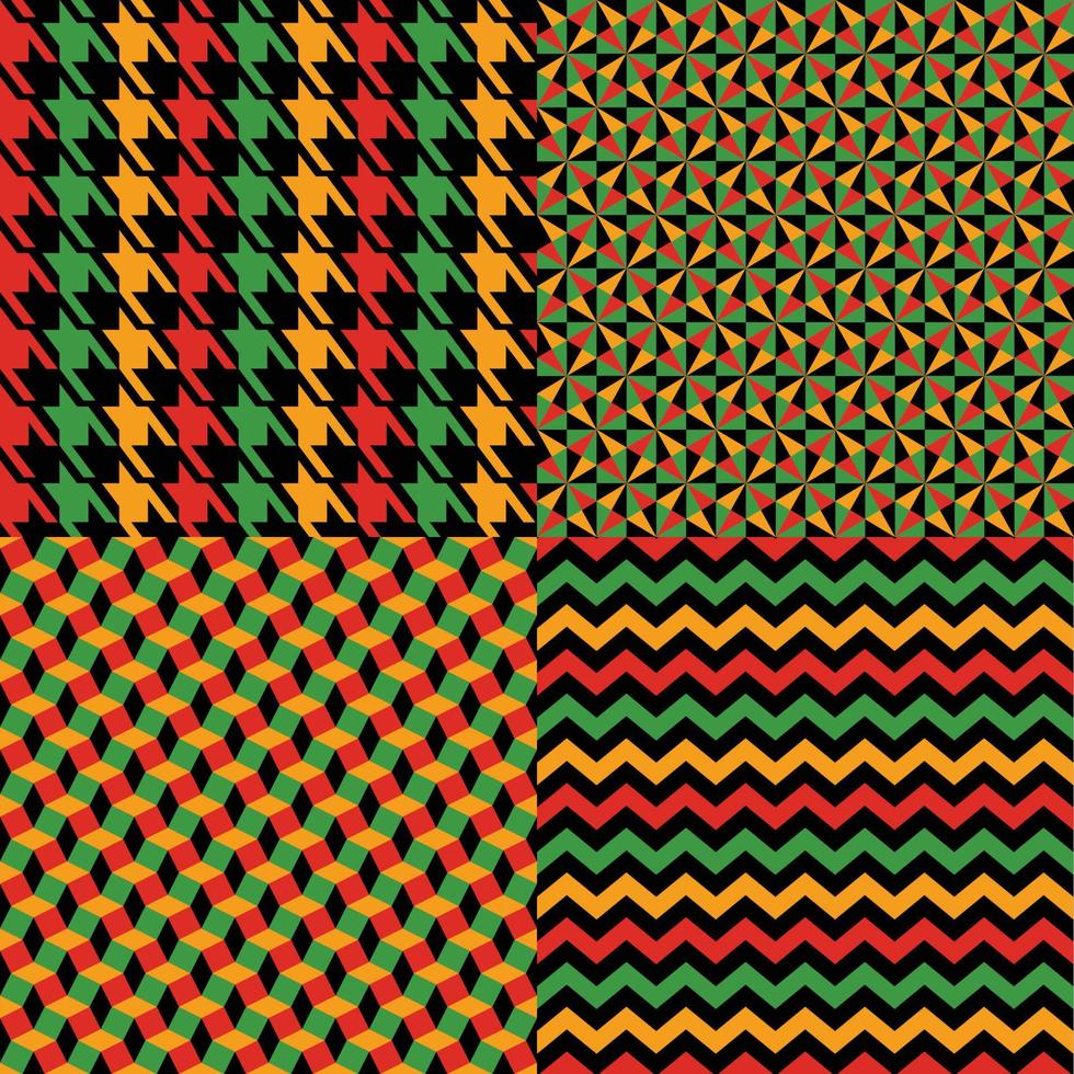 Vektor nahtlose Kwanzaa-Muster mit farbigem Druck und geometrischem nahtlosem und Käfigmuster. heller Druck auf schwarzem Hintergrund. schottischer karierter Hintergrund. nahtlose Stoffbeschaffenheit.