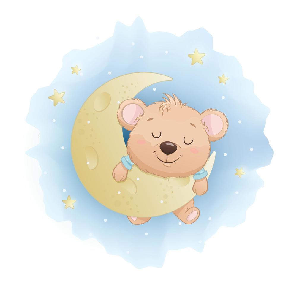 söt liten björn som sover på månen vektor