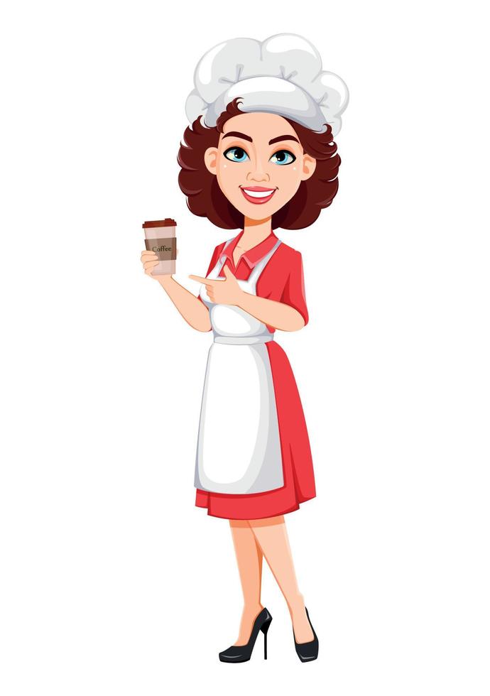 Kochfrau mit einer Kaffeepause. Kochdame vektor