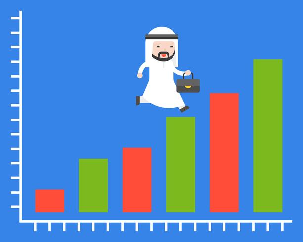 Netter arabischer Geschäftsmann, der auf Balkendiagrammdiagramm, Geschäftslage läuft vektor