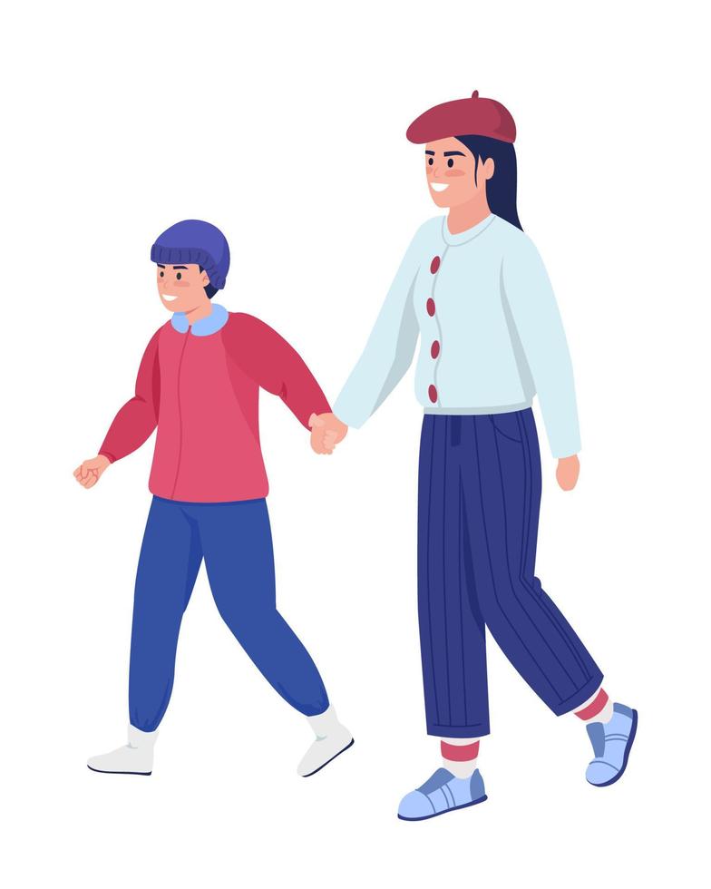 mamma med son på promenad semi platt färg vektor tecken