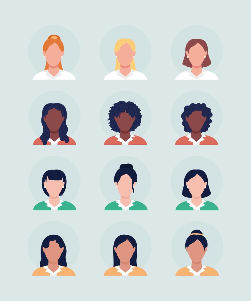 kvinnor med olika hår semi platt färg vektor karaktär avatar set