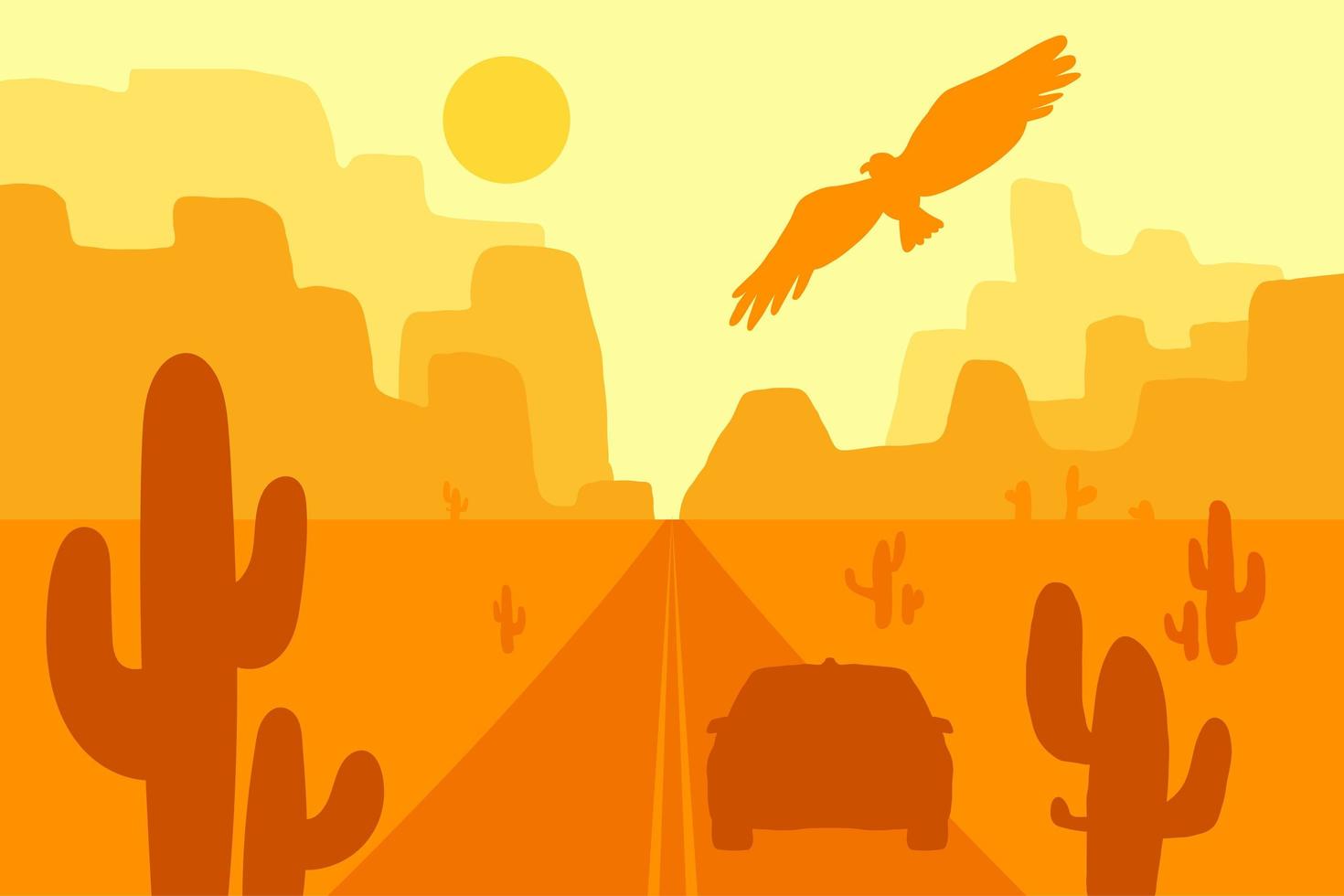 ökenlandskap med örn, kaktus och sol. vektor