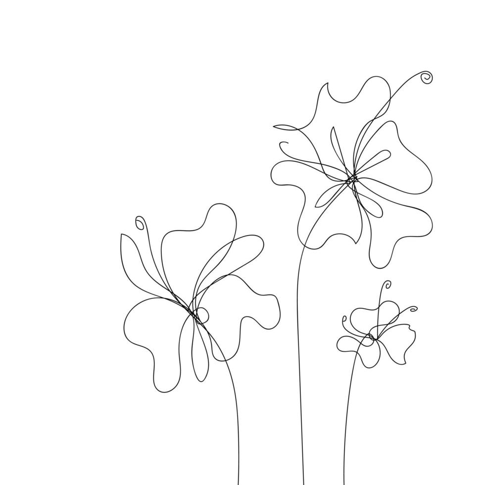 abstrakta blommor ritade av en linje. blommig skiss. kontinuerlig linjeteckning botanisk konst. designelement för gratulationskort, affischer, banderoll, omslag. enkel vektorillustration. vektor