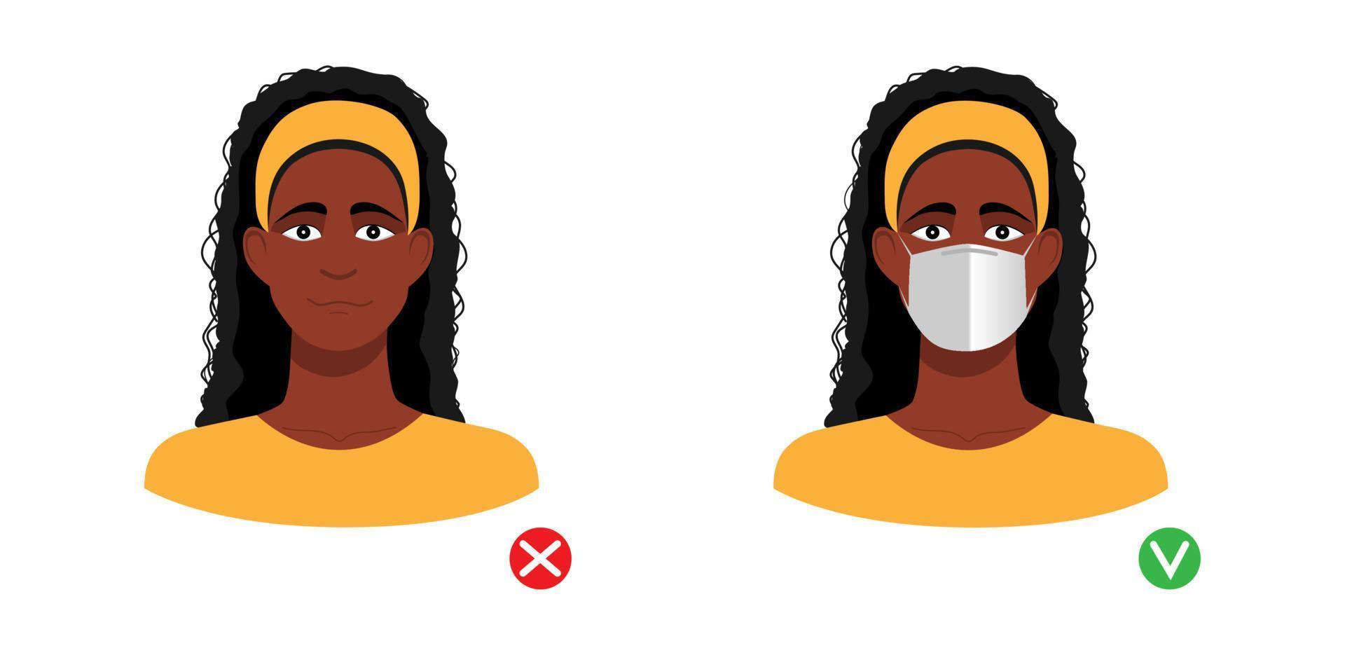 ventilmask krävs. afro amerikansk kvinna med och utan mask isolerad på vit bakgrund. vektor illustration.