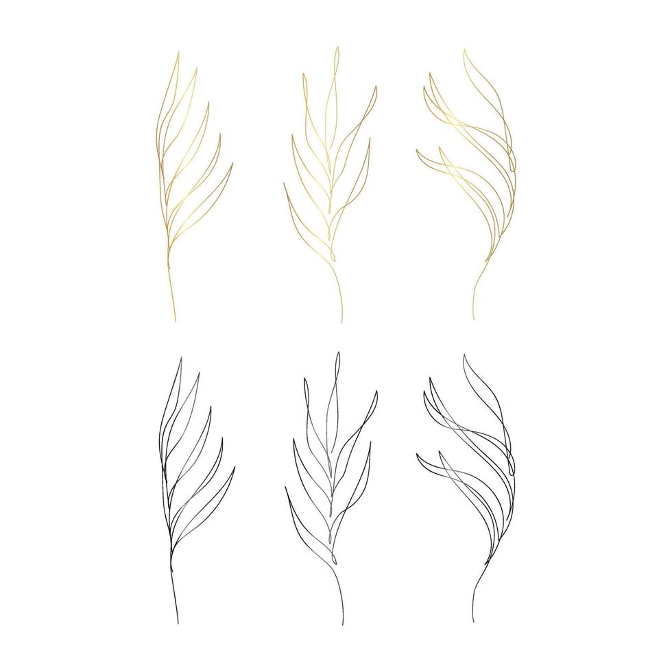 uppsättning av eleganta palmgrenar isolerad på vit bakgrund. svarta och gyllene färger. kontinuerlig linjeteckning tropisk växt. blommig skiss. vektor illustration i minimal stil.