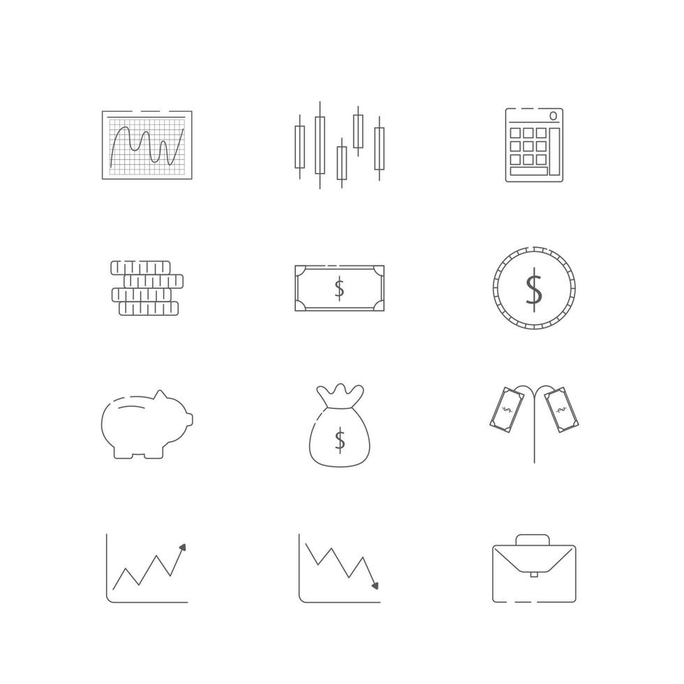 Reihe von Investitionssymbolen. Grafik, Dollar, Cent, Safe, Zeit ist Geld, Vereinbarung. vektor