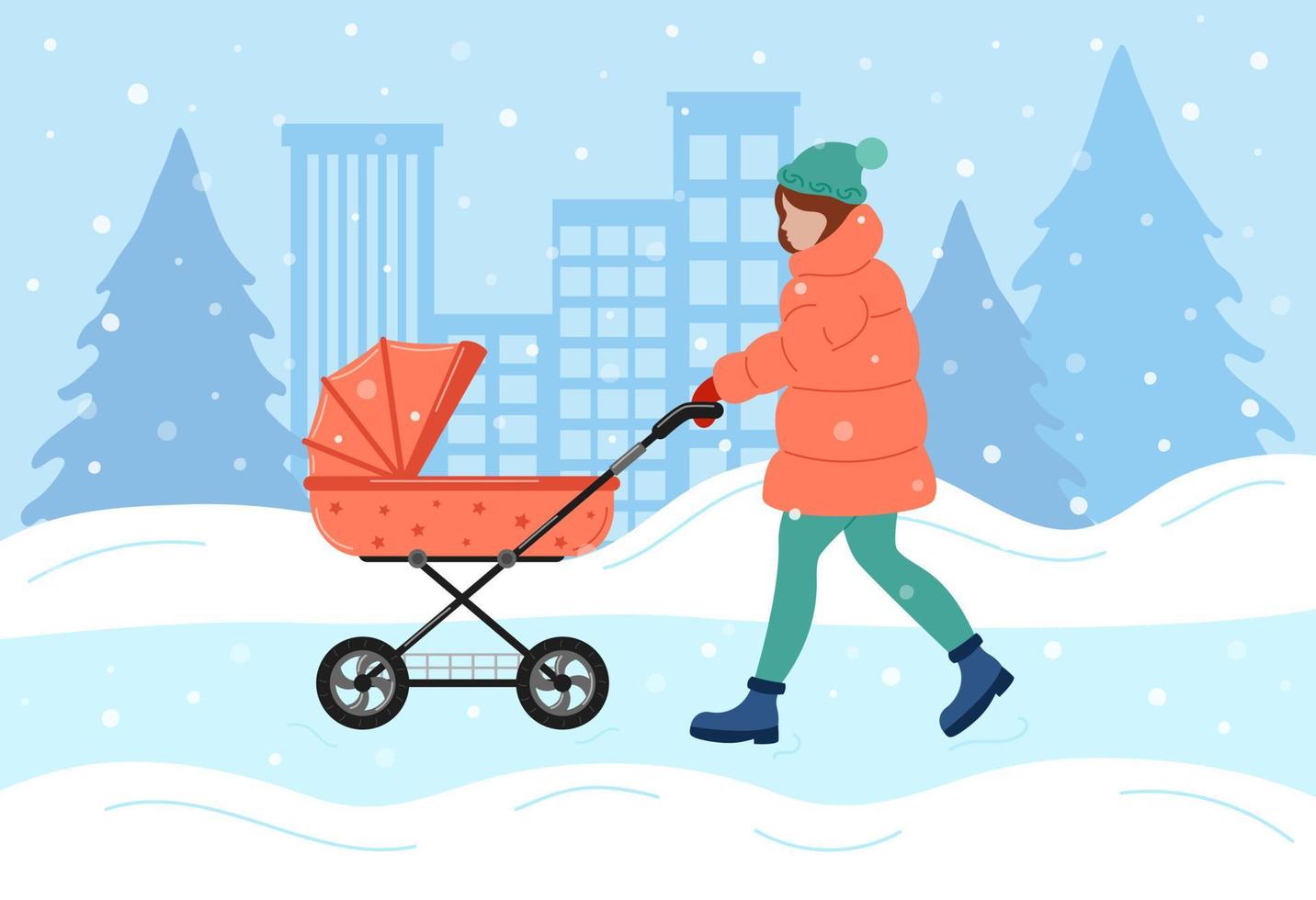 vinter promenad av ung mamma med barnvagn. kvinna i vinterytterkläder skjuter barnvagn för nyfödd, vagn för litet barn. snöigt väder. platt vektor illustration