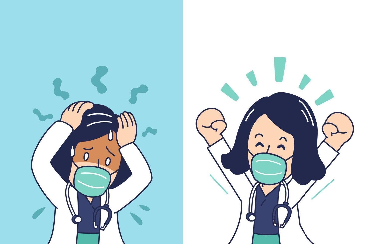 tecknad kvinnlig läkare som bär skyddsmask uttrycker olika känslor vektor