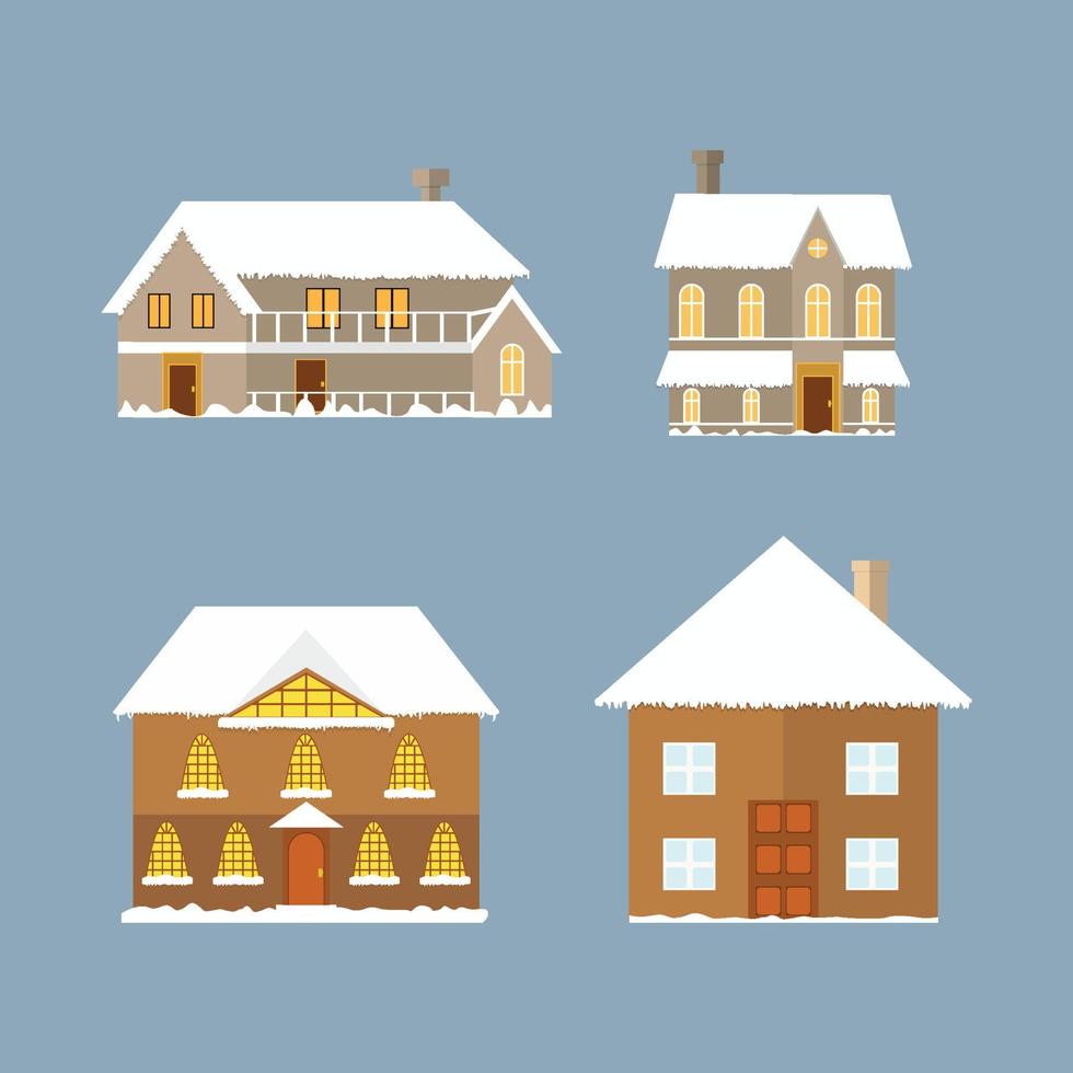 Weihnachtshaus mit Schnee auf dem Dach. Weihnachten dekoratives Haus mit Feuerkamin. mehrfarbige Häuser. süße weihnachtlich dekorierte häuser. Winter-Reihenhäuser und Cottage- und Vintage-Farben. vektor